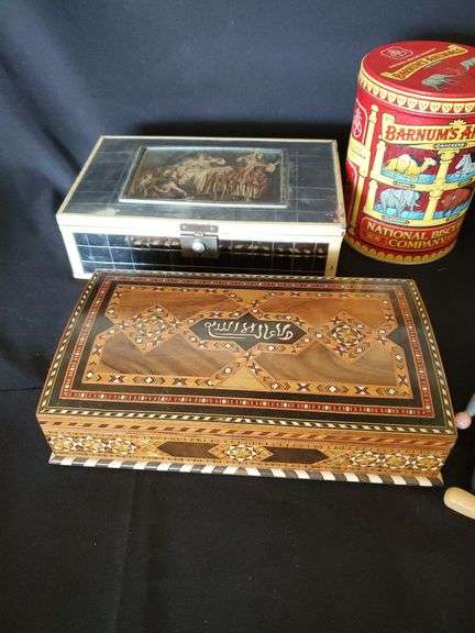 Victorian jewelry box, tins, wooden dolls made in Austria, wooden jewelry box