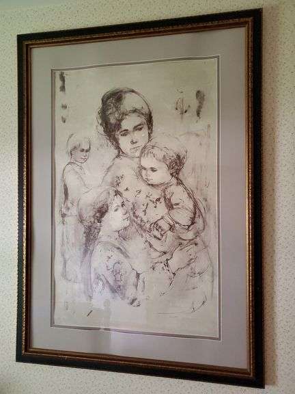 Edna Hibel large signed and numbered (22/52) mother with children art, framed 47x34.