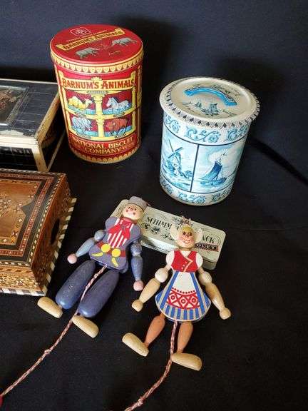 Victorian jewelry box, tins, wooden dolls made in Austria, wooden jewelry box