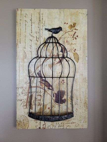 Uncaged floral wooden bird art, 26 x 15.5