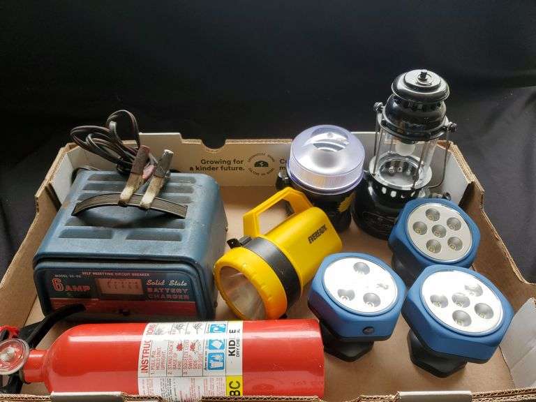 Schumacher Electric Corp 6 amp solid state battery charger, kidde dry chemical fire extinguisher, magnetic LED lights, anchor lantern mini light, LED lantern light, Eveready flashlight.