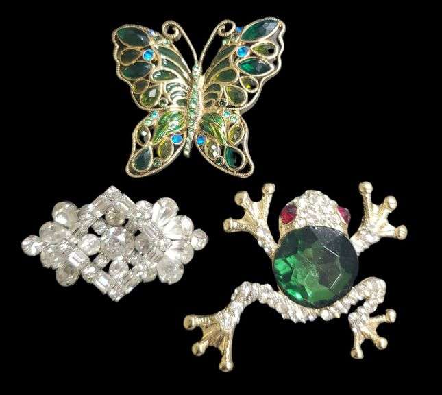 Weiss Brilliant Rhinestone  brooch....Monet Plique A Jour Glass Crystal Butterfly Brooch...Cara Frog brooch