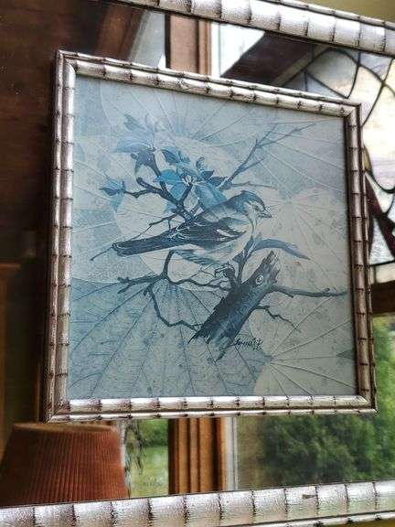 Blue Jay framed mirror, artist signed. 14.5 x 14.5