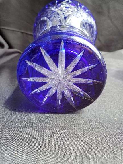 Bohemian cobalt blue to clear hand cut lead Crystal vase, 10" H