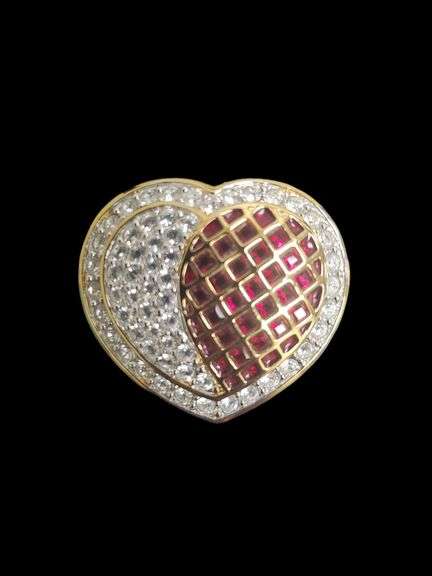 Vintage Swarovski  red & white pave crystal pin 1.5"