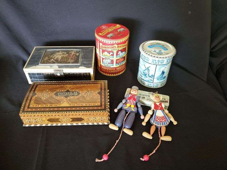 Victorian jewelry box, tins, wooden dolls made in Austria, wooden jewelry box