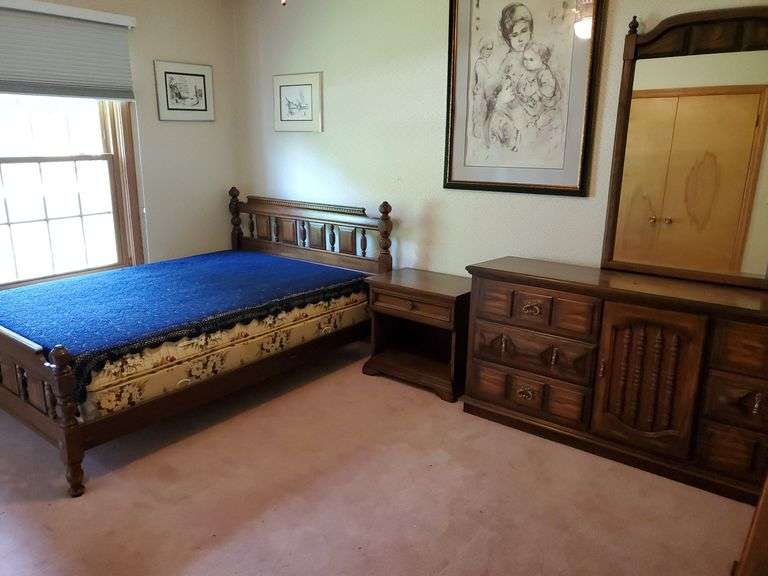 Mid Century full size bed with foundation and matress, dark wood dresser with mirror(70W), Century night stand (25w x 17d x 24h)
