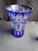 Bohemian cobalt blue to clear hand cut lead Crystal vase, 10" H