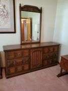 Mid Century full size bed with foundation and matress, dark wood dresser with mirror(70W), Century night stand (25w x 17d x 24h)