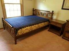 Mid Century full size bed with foundation and matress, dark wood dresser with mirror(70W), Century night stand (25w x 17d x 24h)