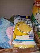 Hall closet contents includes Swiffer wet mop cloths and dry mop cloths, Swiffer mops, magic erasers, latex gloves, garbage bags, O-Cedar broom and dustpan, Swiffer mops, bona wood floor mop, scrub brushes, nitrile gloves, assorted cleaners, gift bag tissue paper, cleaning buckets, cloth bags. See photos