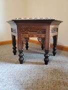 Elegant inlaid hexagon Damascan Islamic side table inscribed with prayers, 24x16