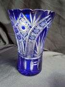 Bohemian cobalt blue to clear hand cut lead Crystal vase, 10" H