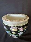VINTAGE Chinese Porcelain Famille Rose Fish Bowl Planter Chinoiseries Jardiniere. 7-1/2"" tall x 10".