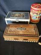 Victorian jewelry box, tins, wooden dolls made in Austria, wooden jewelry box