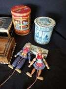 Victorian jewelry box, tins, wooden dolls made in Austria, wooden jewelry box