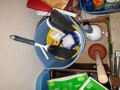 Hall closet contents includes Swiffer wet mop cloths and dry mop cloths, Swiffer mops, magic erasers, latex gloves, garbage bags, O-Cedar broom and dustpan, Swiffer mops, bona wood floor mop, scrub brushes, nitrile gloves, assorted cleaners, gift bag tissue paper, cleaning buckets, cloth bags. See photos