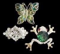 Weiss Brilliant Rhinestone  brooch....Monet Plique A Jour Glass Crystal Butterfly Brooch...Cara Frog brooch