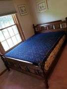 Mid Century full size bed with foundation and matress, dark wood dresser with mirror(70W), Century night stand (25w x 17d x 24h)