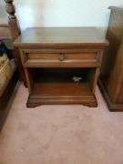 Mid Century full size bed with foundation and matress, dark wood dresser with mirror(70W), Century night stand (25w x 17d x 24h)