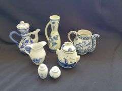 Delft Blue pitchers, covered pot, salt & pepper