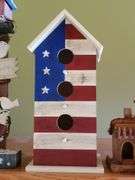 (4) decorative wooden birdhouses, bird in tree.