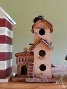 (4) decorative wooden birdhouses, bird in tree.