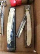 Early spectacles, barber supplies, straight razors