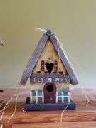 (4) decorative wooden birdhouses, bird in tree.