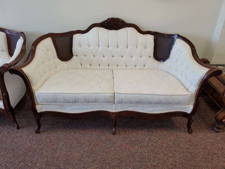 Kimball Furniture handmade Louis XV style carved Victorian loveseat with white floral cushions, 63" W. Matches lots 1 & 3