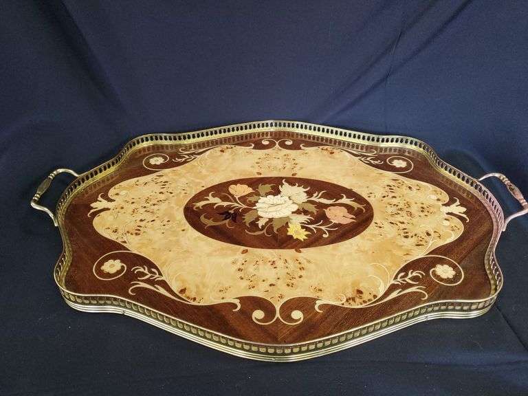 Vintage Italian Crafted 22” Marquetry Wood Floral Inlay with Brass Handle Bar Serving Tray.