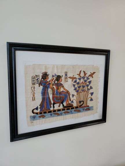 Egyptian Payrus King Tutankamun and Queen on the Nile reverse matted art, 25x31