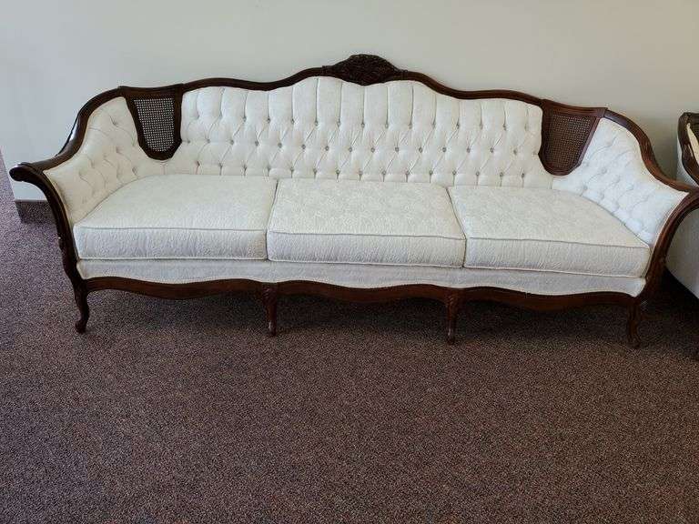 Kimball Furniture handmade Louis XV style carved Victorian sofa with white floral cushions, 90" W. Matches lots 2 & 3