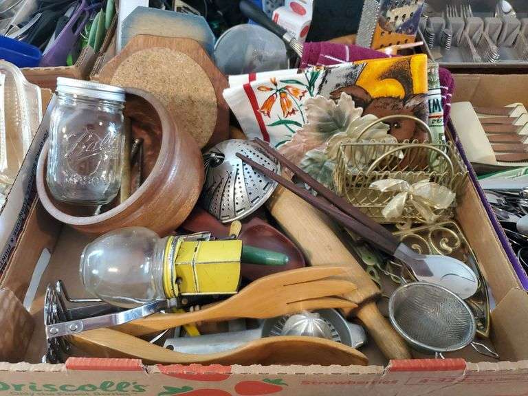 2 Home Kitchen boxes including Heat Resistant Pads, Graters, Strainers, Whisks, Measuring Cups, Can opener, Rolling Pins, Decor, and More