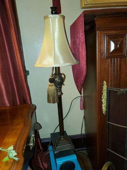 Pair of metal candlestick lamps with tassels, 32" tall