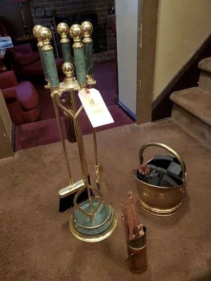 Brass fireplace tools, coal hod and matchstick holder