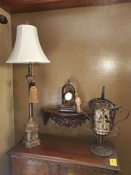 34" candlestick lamps with tassel, ornate wall shelf, Quartz clock in stand, metal candle holder with candle