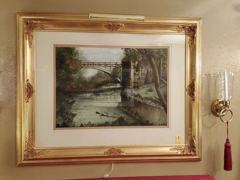 Ed Victor signed original bridge over water, ornately framed and matted. Total size 48x38