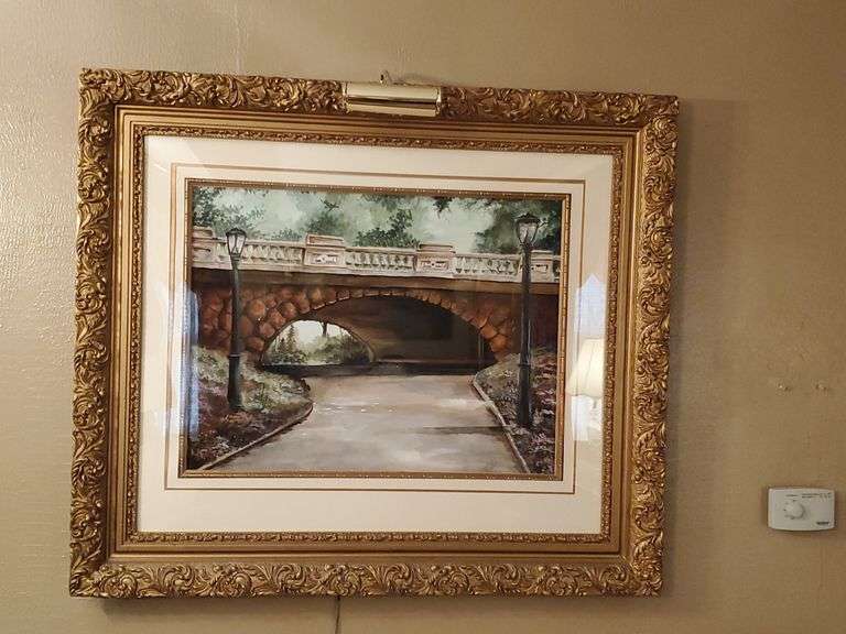Ed Victor original Stone Bridge. ornately framed and matted with picture light.  Total size 44x28