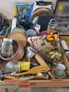 2 Home Kitchen boxes including Heat Resistant Pads, Graters, Strainers, Whisks, Measuring Cups, Can opener, Rolling Pins, Decor, and More