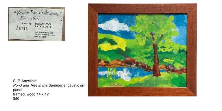S.P. Anzellotti, Pond and Tree in the Summer, encaustic on panel, wood frame 14 x 12, originally priced at $50