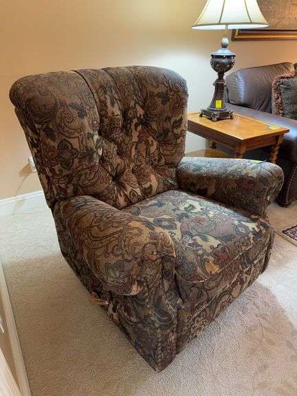 England a La•Z•Boy Company Swiveling Rocking Recliner with Paisley Upholstery and Brass Colored Buttons
