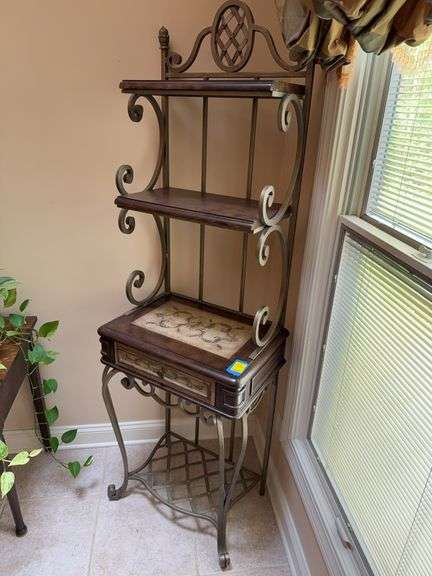 Dark Finish Bakers Rack with Bent Metal Frame measures 24”W x 16”D x 75”H