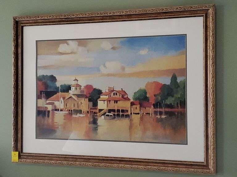 Framed waterfront print measures 30 in x 40 in. Living room