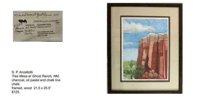 S.P. Anzellotti Tree Mesa at Ghost Ranch, NM, charcoal, oil pastel, chalk line wood frame, 21.5 x 25.5, Originally priced at $125, brass metal frame, 24 x 18. Originally priced at $100.