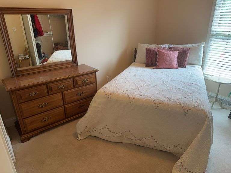 Full Size Bed including Floral Quilted Bedding including  Sumter Mirrored Dresser 50”W x 19D x 67”H featuring solid brass hardware