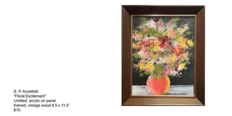 S.P. Anzellotti, Floral Excitement, acrylic on panel, vintage wood frame, 9.5 x 11.5