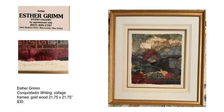 Esther Grimm, Conquistador Writing collage, gold wood frame, 21.75 x 21.75, Originally priced at $30