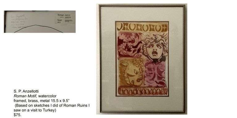 S.P. Anzellotti Roman motif, watercolor, brass metal frame, 15.5 x 9.5. Originally priced at $75.