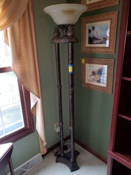 Three column floor lamp featuring pineapple design and opaque glass shade. Stands 72 in tall. Living room